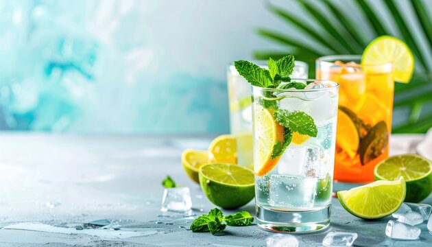 Tropical themed cocktail event featuring refreshing summer drinks with gin tequila vodka lime mint and ice 