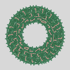 A beautifully rendered 3D illustration of a festive Christmas wreath, crafted from green evergreen and adorned with classic candy canes