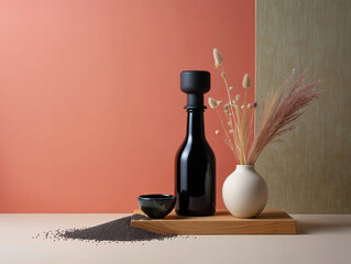 Modern still life composition featuring black bottle vase ceramic bowl and dried floral arrangement set on minimalist wooden platform