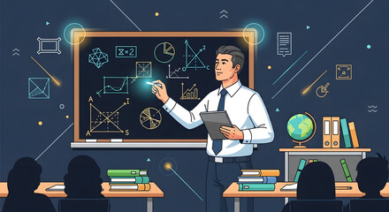 Inspiring teacher guiding students through complex math concepts, fostering a love for learning in a vibrant classroom setting with modern educational tools.