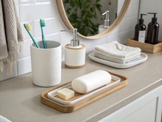 Naklejka premium Elegant Bathroom Counter with Toiletries and Accessories