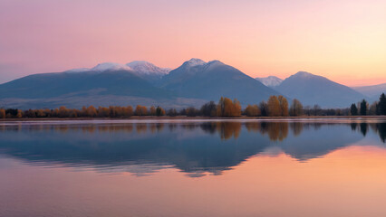 Scenic Mountain Landscape Reflection in Calm Lake Waters at Sunset with Pastel Sky and Autumn Trees Beautiful Nature Photography