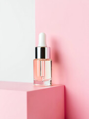 Serum bottle on pink cube with white and pink backdrop showcasing skincare product promotion and cosmetic beauty essential