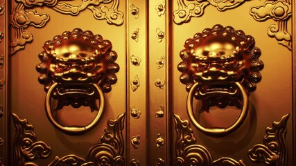 Closeup of ornate golden Chinese temple doors with traditional lion head knockers showcasing intricate details and cultural heritage in a warm inviting glow.
