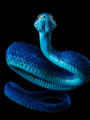 Striking Blue Snake with Golden Eyes Isolated on Black Background Revealing Exotic Beauty and Detail in Scales