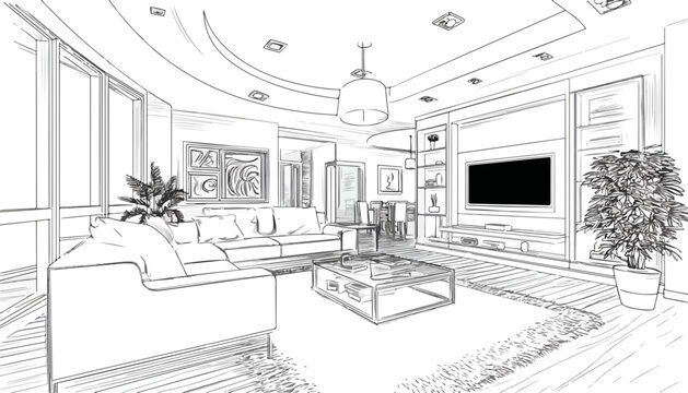 Boceto a mano alzada de un elegante sal&oacute;n moderno con muebles, plantas y televisi&oacute;n.