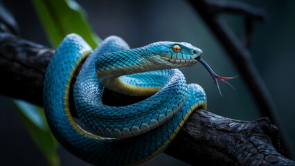 Stunning blue viper close up portrait with intricate scale detail and forked tongue on a tree branch