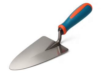 Construction trowel with a blue and orange grip, building tool ready for masonry, bricklaying, and plastering work