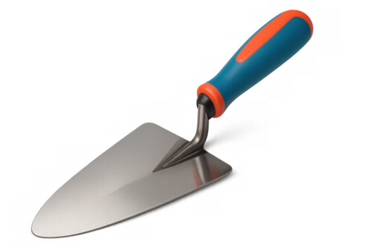 Construction trowel with a blue and orange grip, building tool ready for masonry, bricklaying, and plastering work