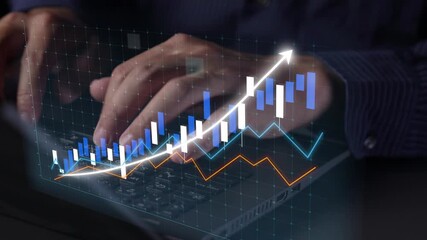 Close-up of a person hands typing on a laptop while digital analytics charts illustrate growth trends and financial projections in a contemporary workspace. Copula - Powered by Adobe
