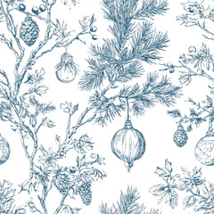 Blue Toile Christmas Seamless Pattern 16 with Evergreen Branches, Pinecones and Ornaments, Vintage Holiday Botanical Vector
