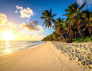 A serene tropical beach with swaying palm trees, pristine white sand, and a straw-roofed hut bathed in golden sunlight at sunrise