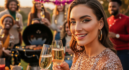Smiling woman holding champagne glasses at rooftop party with friends, celebrating joyful atmosphere and friendship