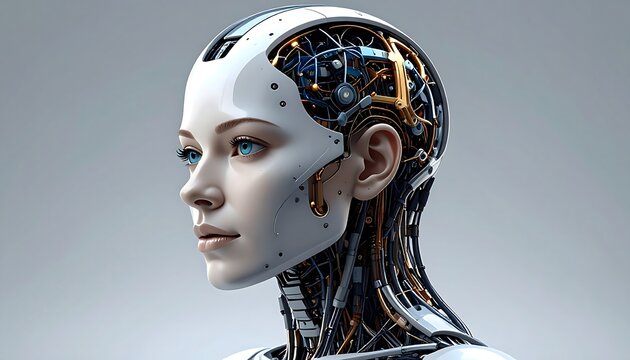 A side profile of a futuristic female android, showcasing exposed internal wiring and mechanical components within its head