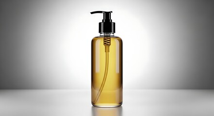 Fototapeta premium Luxurious Amber Cosmetic Pump Bottle Mockup Featuring Golden Liquid Product Isolated On A Clean Reflective Surface And Soft Graduated Studio Background For Beauty Branding And Advertising