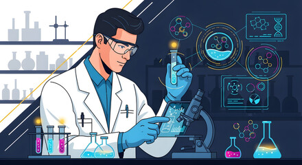 Dedicated scientist meticulously analyzing futuristic molecular data and conducting experiments in a modern laboratory setting