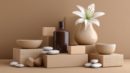 Fototapeta premium An abstract white cream-colored flower design is showcased on a cosmetic product display podium