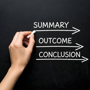 A hand with chalk outlines the key stages of a business report or project analysis on a dark chalkboard