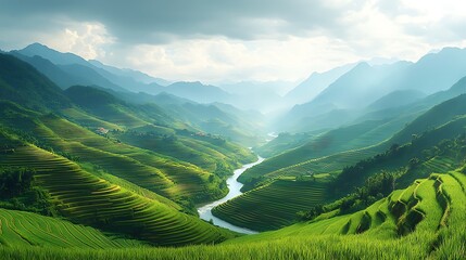 Fototapeta premium Serene Mountain Valley with Winding River and Lush Green Hills under Cloudy Sky