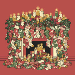 A festive illustration showcasing a fireplace brimming with an abundance of colorful Christmas stockings, twinkling candles, and evergreen garlands, evoking a cozy holiday spirit