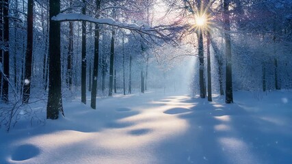 A magical winter wonderland scene with bright sunbeams shining through snow-covered trees in a tranquil, frosty forest landscape - Powered by Adobe