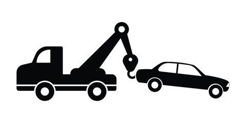 Towing service icon. Truck towing car service sign with Black Tow Truck Silhouette. Towed vehicle sign vector. Warning road sign.