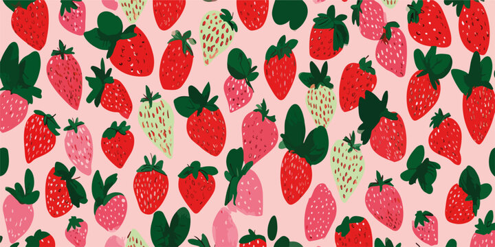 Patr&oacute;n de vector de fresas rojas y rosas vibrantes sobre fondo rosa p&aacute;lido, dise&ntilde;o alegre y frutal.