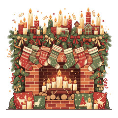 Festive Fireplace with Stockings and Candles Illustration