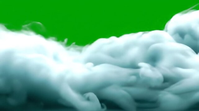 Dynamic white smoke or fog effect flowing and swirling against a vibrant green screen background ideal for compositing and special effects in various video projects and creative designs.