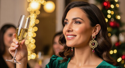 Elegant woman toasting with champagne in a festive Christmas setting, celebrating joyful holiday moments with loved ones.