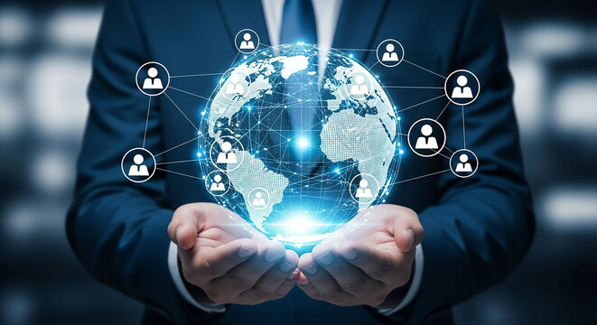 A person in a suit holding a glowing global network with connected user icons. - Powered by Adobe