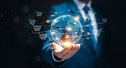Businessman holding a digital globe with shopping cart icons symbolizing global e-commerce and online retail.