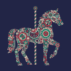 Dynamic illustration of a carousel horse composed entirely of detailed gears and cogs, celebrating the intricate beauty of mechanical design and the nostalgic spirit of carnival attractions
