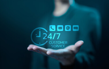 24-hour customer service icon with communication symbols, representing online support, help desk, client care, and business assistance through technology. connect of Contact us via email or call