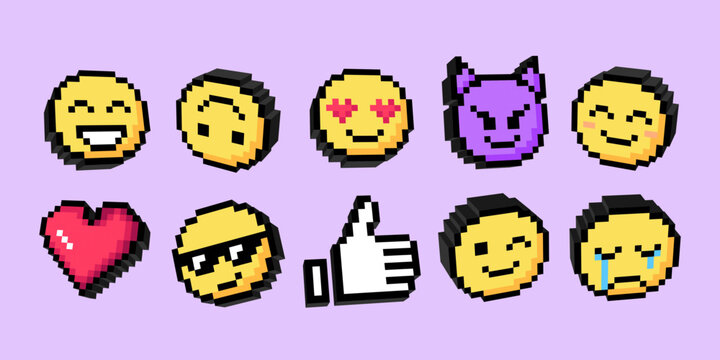 Collection of colorful pixel art emojis in 3D retro style. Various emotions, smiley faces, crying, love eyes, devil, heart, wink, thumbs up icons. Isolated sticker, design, decoration for social media
