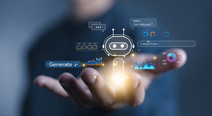 digital AI chatbot icon with data analytics and chat bubbles, representing artificial intelligence, automation, and virtual assistant. customer support bot agent technology.