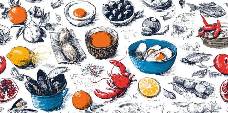 Ilustraci&oacute;n vectorial de mariscos, frutas y verduras frescas, con un estilo dibujado a mano y detalles coloridos.