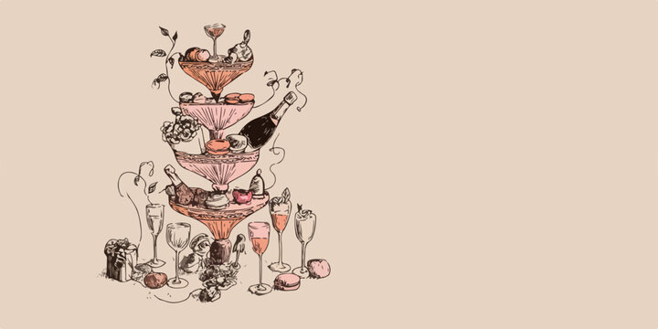 Ilustraci&oacute;n vectorial de una torre de copas de champ&aacute;n y postres, con una botella y decoraci&oacute;n floral.