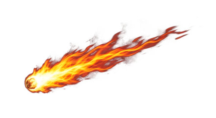 Fiery meteor streaking through the sky with a glowing tail isolated on transparent background