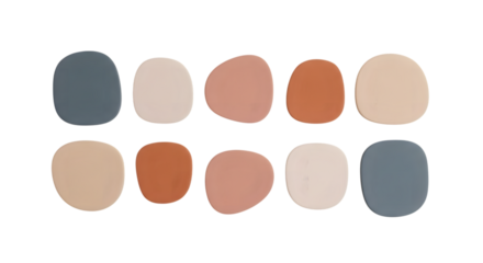 Organic abstract shapes in muted earthy tones arranged in two rows on a black background