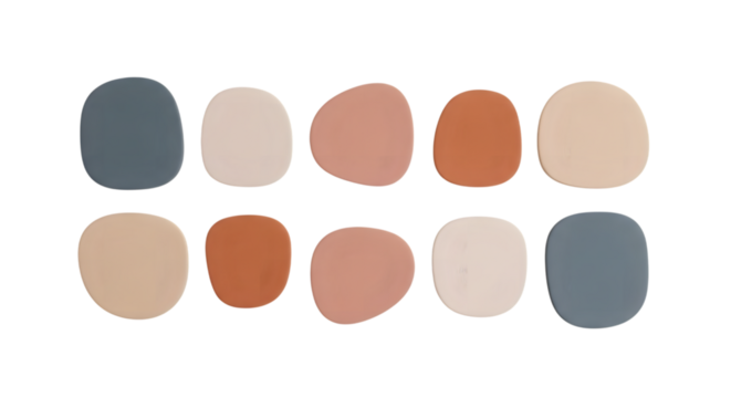 Organic abstract shapes in muted earthy tones arranged in two rows on a black background