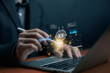 digital AI chatbot icon with data analytics and chat bubbles, representing artificial intelligence, automation, and virtual assistant. customer support bot agent technology.