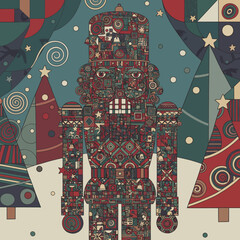 Festive Christmas Nutcracker Ornament Surrounded by Decorated Trees and Snowflakes