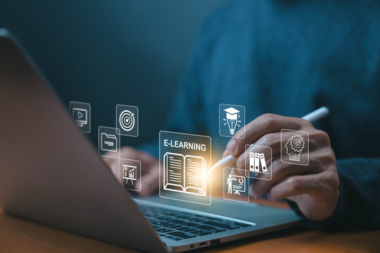 learn icon, online training on a laptop. concept of platform digital education, teaching course. curriculum learning online, business technology. a study from the webinar, Innovation Elearning