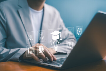 learn icon, online training on a laptop. concept of platform digital education, teaching course. curriculum learning online, business technology. a study from the webinar, Innovation Elearning