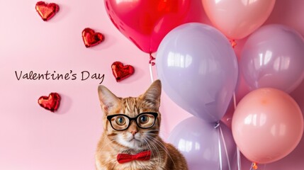 Brown tabby cat with glasses and red bow tie sitting near pink and purple balloons and red heart decorations on pink background, Valentine's Day theme.