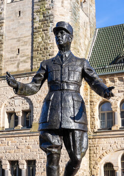 Metz, France - September 6, 2025: Statue of General Charles de Gaulle located on the forecourt of Metz-Ville train station, work of french sculptor Elizabeth Cibot, inaugurated in 2021.