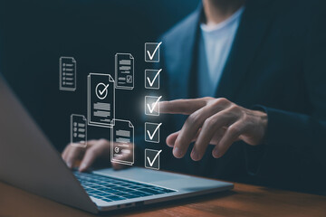 Detail business verify task. checklist concept, task audit in a list of documents, tick the...