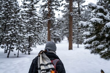 Person hiking through a snowy forest landscape surrounded by tall evergreen trees covered in fresh snow in winter