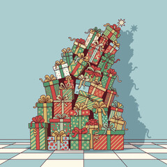 Pile of Christmas Presents Wrapped in Festive Paper and Ribbons